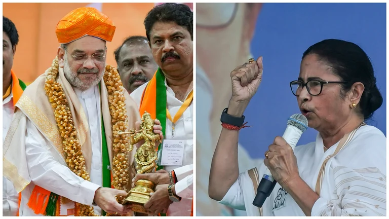 L: Home Minister and BJP leader Amit Shah | R: West Bengal CM and TMC leader Mamata Banerjee - File PTI photos