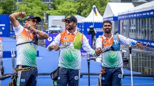 X/Archery Association of India : India's gold-winning men's recurve trio of (left to right) Tarundeep Rai, Dhiraj Bommadevara and Pravin Jadhav at the Archery World Cup Stage 1 in Shanghai.