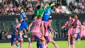 AP Photo/Lynne Sladky : Inter Miami goalkeeper Drake Callender (1) defends the goal against Monterrey forward German Berterame (9) during the second half of the first leg of a CONCACAF Champions Cup quarterfinal on Wednesday.