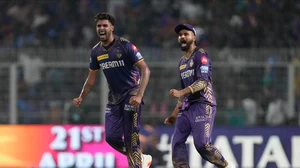 AP/Bikas Das : Kolkata Knight Riders' Harshit Rana, left, and captain Shreyas Iyer celebrate their team's win over Royal Challengers Bengaluru in the Indian Premier League 2024 match in Kolkata.