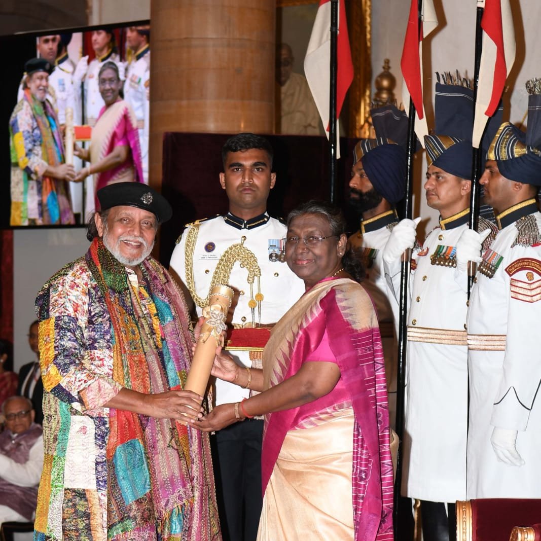 PTI : President Droupadi Murmu presenting the Padma Award to Mithun Chakraborty at the Rashtrapati Bhavan.