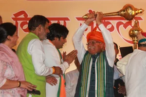 PTI : Former chief minister and BJP candidate from Karnal constituency Manohar Lal with others