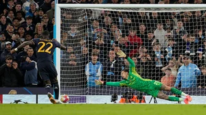 AP/Dave Shopland : Manchester City's goalkeeper Ederson, right, fails to save as Real Madrid's Antonio Rudiger scores the winning penalty in the UEFA Champions League quarter-final, second leg match at the Etihad Stadium in Manchester on Thursday (April 18, 2024).