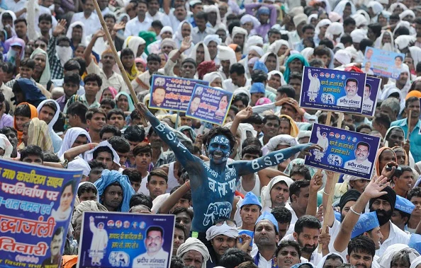 Massive crowd gathered during the rally of Bahujan Samaj Party Supremo Mayawati on the tenth death anniversary of BSP Founder Kanshi Ram - Getty Images