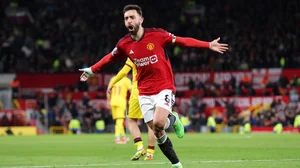 Bruno Fernandes celebrates after putting Manchester United 3-2 up against Sheffield United