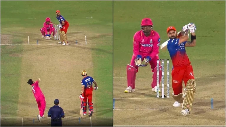 Royal Challengers Bengaluru's Virat Kohli takes on Rajasthan Royals' Riyan Parag during their IPL 2024 match in Jaipur on April 6, 2024.  - Screengrabs composite