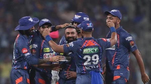 AP Photo/Pankaj Nangia : Lucknow Super Giants' Amit Mishra celebrates the wicket of Rajasthan Royals' Riyan Parag during the Indian Premier League cricket match between Rajasthan Royals and Lucknow Super Giants in Lucknow.