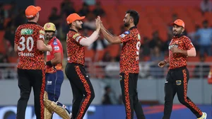 AP Photo/Surjeet Yadav : Sunrisers Hyderabad's Jaydev Unadkat, second from right, celebrates the dismissal of Punjab Kings' Sikandar Raza during the Indian Premier League cricket match between Sunrisers Hyderabad and Punjab Kings in Mohali.