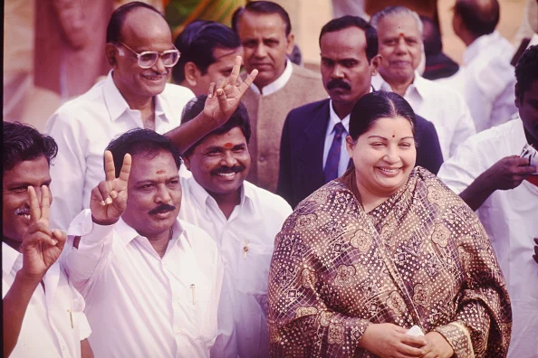 Tamil Nadu Chief Minister J Jayalalitha with All India Anna Dravida Munnetra Kazhagam (AIADMK) MP's after BJP-NDA government is sworn-in on on March 19, 1998 in forecourt of Rashtrapati Bhawan in New Delhi.  - (Photo by Sondeep Shankar/Getty Images)