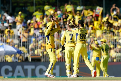 CSKs' players celebrate Jos Buttler's wicket 