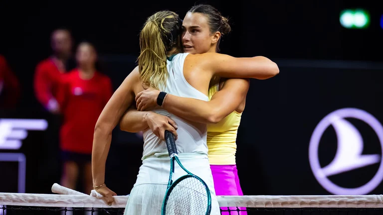 Aryna Sabalenka (right) and Paula Badosa embrace after their clash in Stuttgart earlier this year. - null