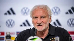 Germany sporting director Rudi Voller talks to the media during a press conference on Monday.