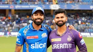BCCI  : Captains of MI and KKR, Hardik Pandya (first from left) and Shreyas Iyer during the toss of Match 51 of IPL 2024 at Wakhande stadium. 