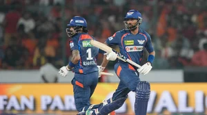 AP Photo/Mahesh Kumar A. : Lucknow Super Giants' Krunal Pandya, right, and captain KL Rahul run between the wickets during the Indian Premier League cricket match between Sunrisers Hyderabad and Lucknow Super Giants in Hyderabad.
