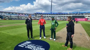 X/Pakistan Cricket : Captains Babar Azam (second from right) and Jos Buttler at the toss for the England vs Pakistan, second T20I in Birmingham on Saturday (May 25, 2024).