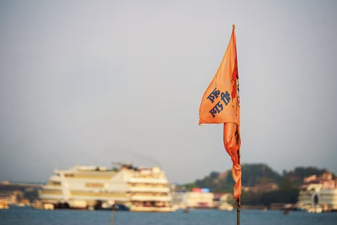 A Jai Shree Ram flag in the Mandovi River