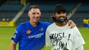 Photo: X/ @mufaddal_vohra : CSK batting coach Mike Hussey (L) with Murali Vijay in CSK's practice session during IPL 2024.