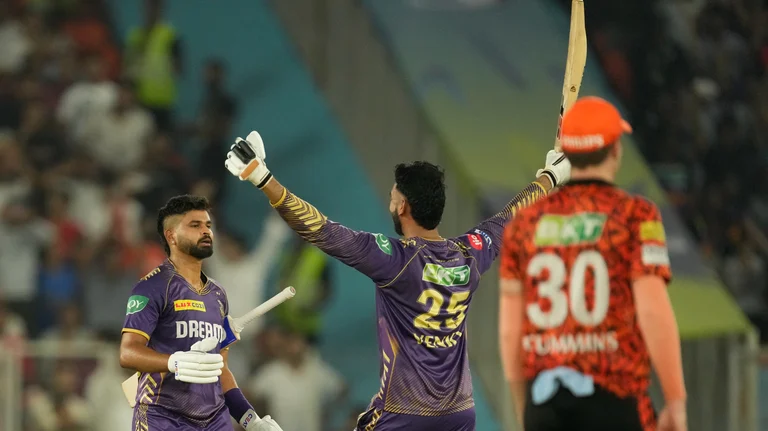 Kolkata Knight Riders' Venkatesh Iyer, center, and captain Shreyas Iyer celebrate their win in the Indian Premier League qualifier cricket match against Sunrisers Hyderabad in Ahmedabad. - AP Photo/Ajit Solanki