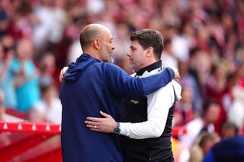 Nuno Espirito Santo, left, greets Mauricio Pochettino