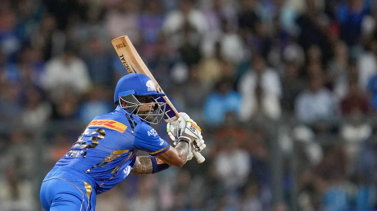 Mumbai Indians' Suryakumar Yadav plays a shot during the Indian Premier League cricket match between Mumbai Indians and Sunrisers Hyderabad in Mumbai. - AP Photo/Rajanish Kakade