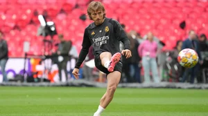Luka Modric in training at Wembley Stadium on Friday.