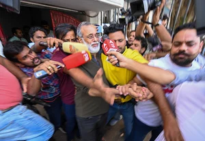 Getty Images : Delhi Police Special cell detained Founder and Editor-in-Chief of NewsClick Prabir Purkayastha from his office on October 3, 2023 in New Delhi.