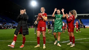 Ceri Holland, Gemma Bonner, Teagan Micah and Leanne Kiernan celebrate Liverpool's huge win