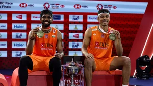 Badminton Photo.  : Indian men's doubles pair of Satwiksairaj Rankireddy and Chirag Shetty at the Thailand Open victory stage. 