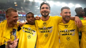 AP : Borussia Dortmund players celebrate at the end of the Champions League semifinal second leg soccer match against Paris Saint-Germain.