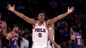 Tyrese Maxey #0 of the Philadelphia 76ers reacts in the fourth quarter against the New York Knicks at Madison Square Garden on April 30, 2024.