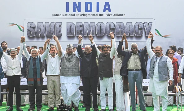 INDIA bloc leaders at Jantar Mantar, Delhi - Getty Images