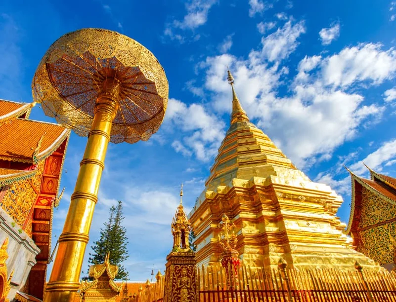Golden pagoda at Wat Phra That Doi Suthep, a majestic Buddhist temple in Thailand.