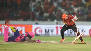 AP Photo/Mahesh Kumar A. : Rajasthan Royals' Rovman Powell dives into the crease successfully during the Indian Premier League cricket match between Sunrisers Hyderabad and Rajasthan Royals in Hyderabad.