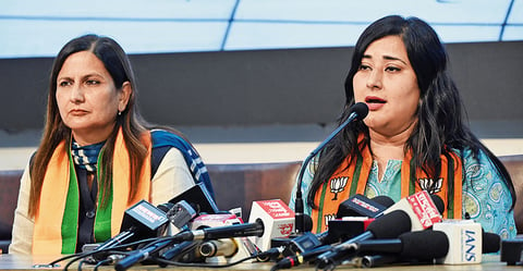 BJP’s West Delhi Lok Sabha candidate Kamaljeet Sehrawat and BJP candidate for New Delhi Bansuri Swaraj at a press conference at the party office