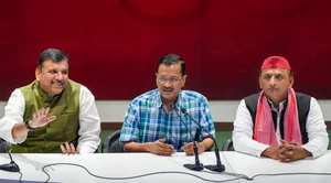 PTI : Delhi CM Arvind Kejriwal, AAP MP Sanjay Singh and SP chief Akhilesh Yadav during the press conference in Lucknow.