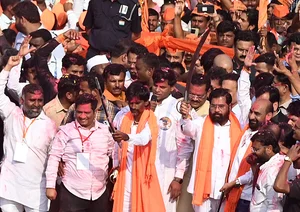 (Photo by Bachchan Kumar via Getty Images) : Maratha Quota activist Manoj Jarange Patil ends protest after Maharashtra CM Eknath Shinde Government accepts all demands at Chhatrapati Shivaji Maharaj Chowk Vashi, on January 27, 2024 in Navi Mumbai, India.