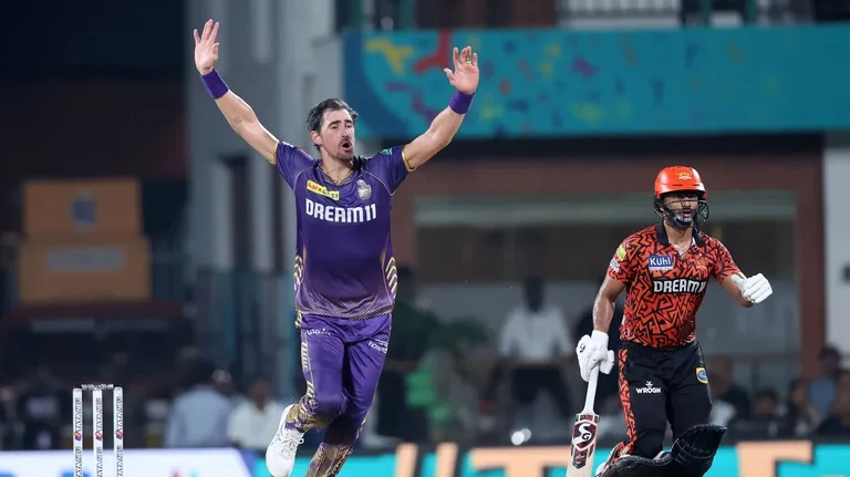 Mitchell Starc (left) in action during the Indian Premier League 2024 final between Kolkata Knight Riders and Sunrisers Hyderabad in Chennai on Sunday (May 26). - BCCI/IPL