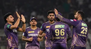 (PTI Photo: Swapan Mahapatra : KKR celebrate the 18-run victory over Mumbai Indians in match 60 of IPL 2024 at the Eden Gardens. 