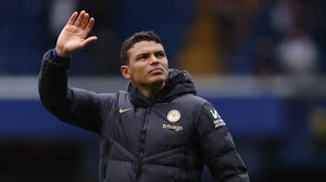 Thiago Silva waves to Chelsea's fans after Sunday's English Premier League win over West Ham.