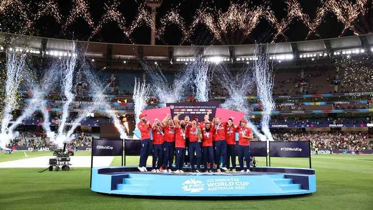 ICC T20 World Cup 2023 winner England on the victory stage.  - X | T20 World Cup 