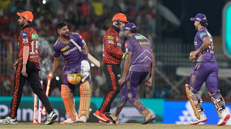 Kolkata Knight Riders' captain Shreyas Iyer celebrates with his teammates after winning against Sunrisers Hyderabad during the Indian Premier League cricket final match in Chennai. - AP Photo/Mahesh Kumar A.