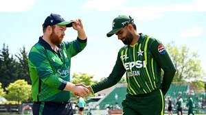 X | Cricket Ireland  : Captains of Ireland and Pakistan, Paul Stirling (first from left) and Babar Azam during the toss of IRE vs PAK 1st T20I match on May 10, Friday 2024. 