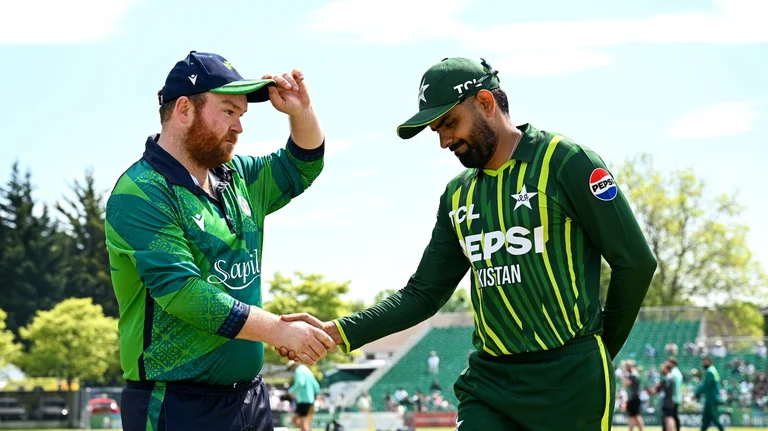 Captains of Ireland and Pakistan, Paul Stirling (first from left) and Babar Azam during the toss of IRE vs PAK 1st T20I match on May 10, Friday 2024.  - X | Cricket Ireland 
