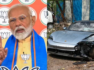 PTI : L: PM Modi in his video message. | R: Porsche car involved in the Pune crash.