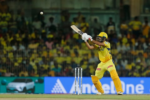 CSK captain Ruturaj Gaikwad plays a shot