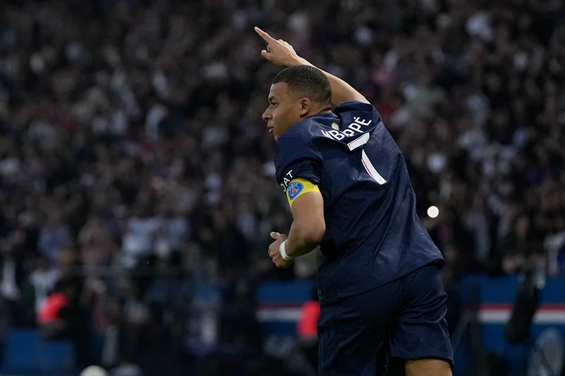 Kylian Mbappe celebrates his sides first goal 