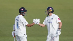 X | Sussex Cricket : Cheteshwar Puajara (first from left) with James Coles in action during the Sussex vs Derbyshire County Championship 2024 match on May 4, Saturday. 