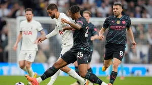 AP : Tottenham's Rodrigo Bentancur, second left, and Manchester City's Manuel Akanji challenge for the ball during the English Premier League soccer match.
