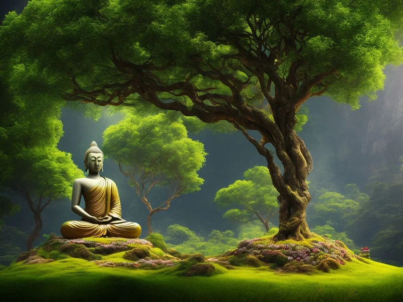  Peaceful Buddha statue surrounded by trees and green grass near Bodhi Tree.