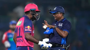  (AP Photo/Manish Swarup) : Rajasthan Royals' captain Sanju Samson talks to umpire after getting out during the Indian Premier League cricket match between Delhi Capitals and Rajasthan Royals in New Delhi, India, Tuesday, May 7, 2024.